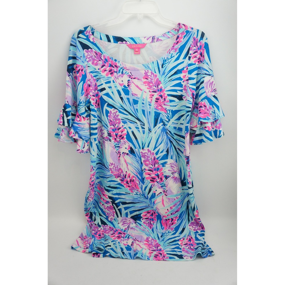 Lilly Pulitzer Lula Top Medium Blue Pink Tropical Ruffle Sleeve Scoop Neck EUC